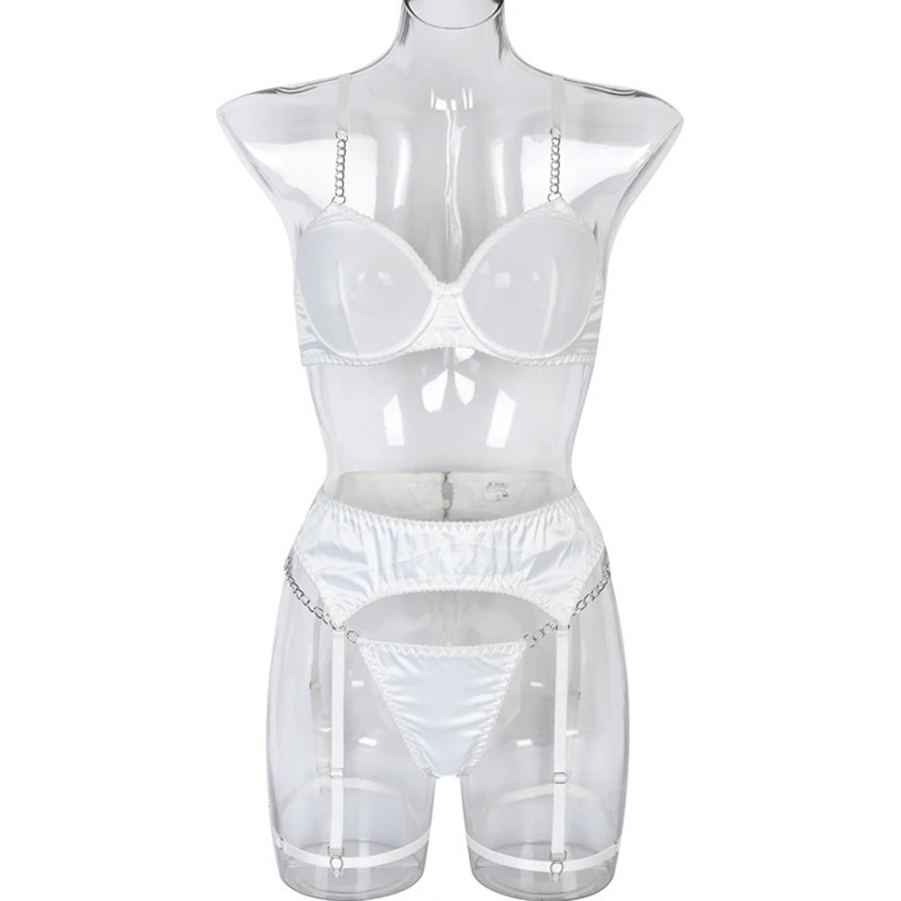 White mesh lingerie garter set w/chain Straps - Picture 7 of 9